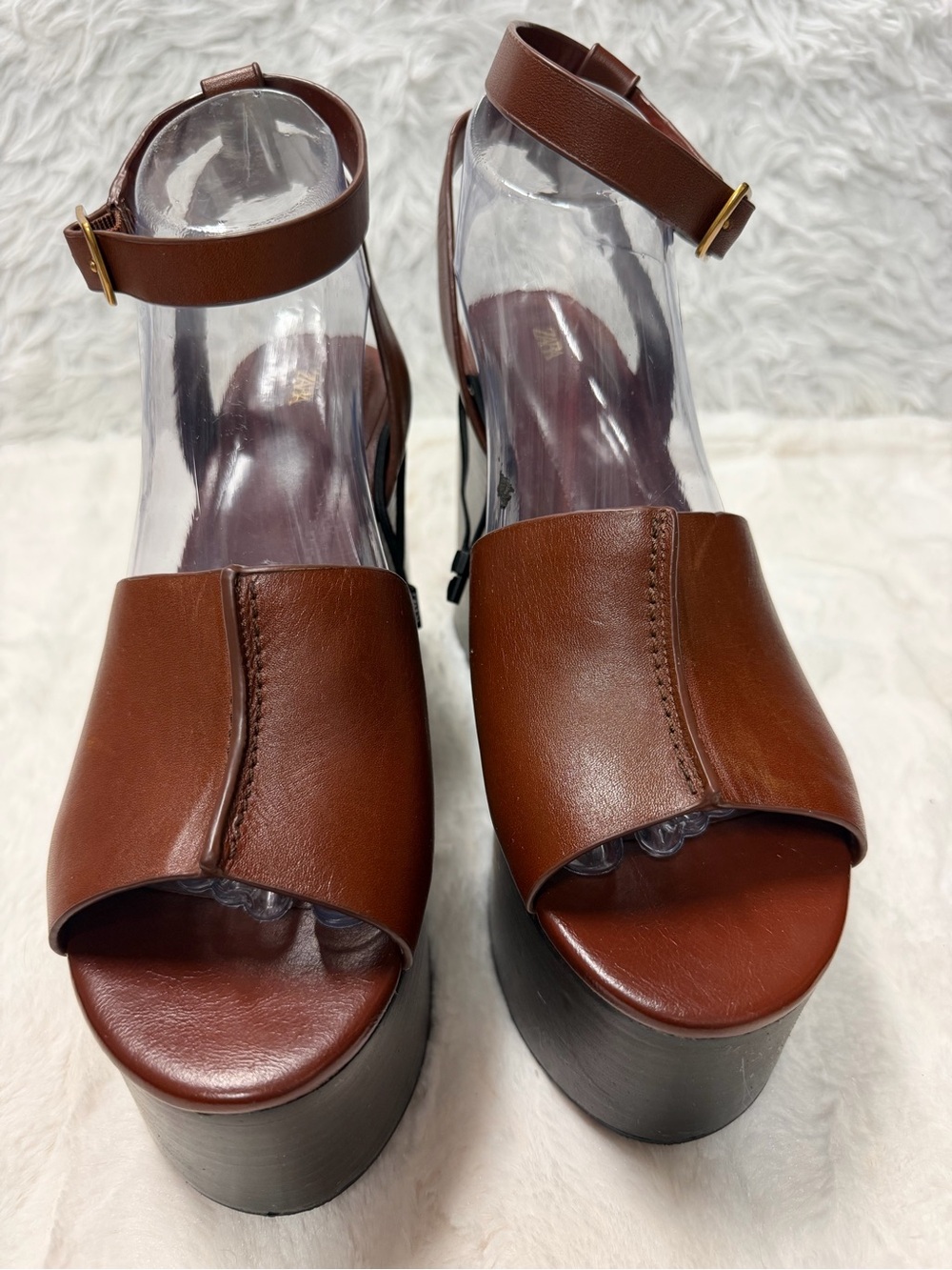 Zara Brown Leather Platform Ankle-Strap Sandals